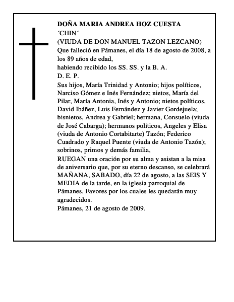 DOÑA MARIA ANDREA HOZ CUESTA