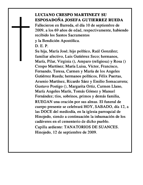 LUCIANO CRESPO MARTINEZY SU ESPOSADOÑA JOSEFA GUTIERREZ RUEDA