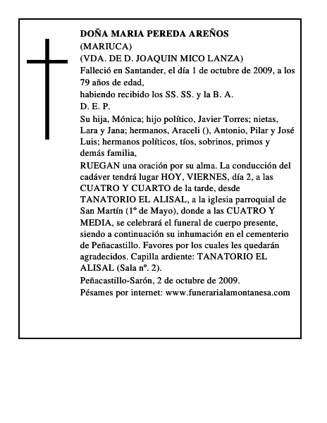 DOÑA MARIA PEREDA AREÑOS