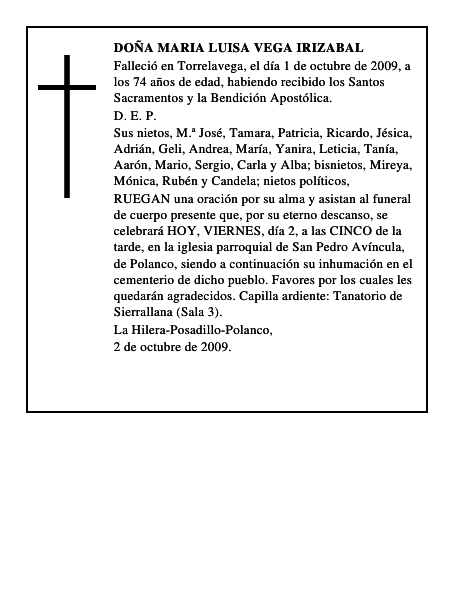 DOÑA MARIA LUISA VEGA IRIZABAL