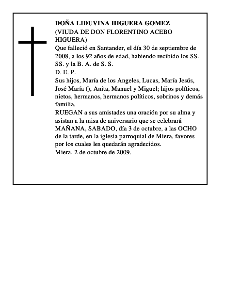 DOÑA LIDUVINA HIGUERA GOMEZ