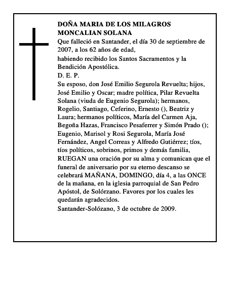 DOÑA MARIA DE LOS MILAGROS MONCALIAN SOLANA