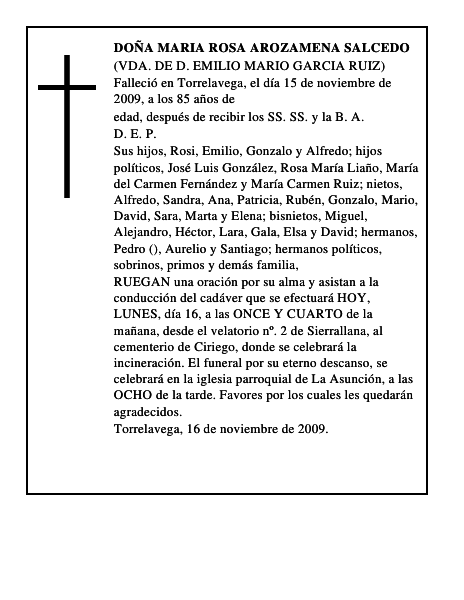 DOÑA MARIA ROSA AROZAMENA SALCEDO