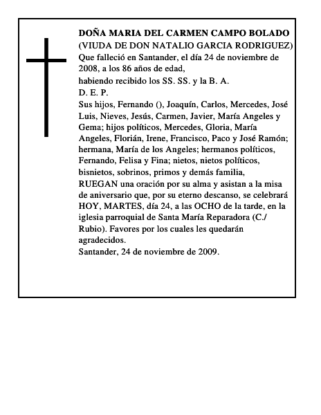 DOÑA MARIA DEL CARMEN CAMPO BOLADO