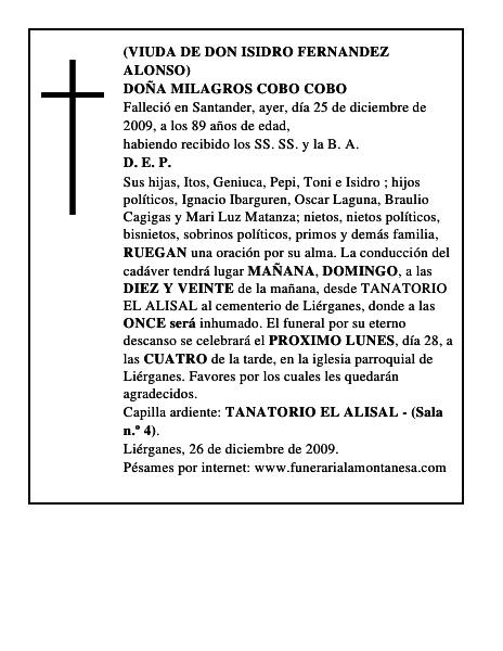 DOÑA MILAGROS COBO COBO