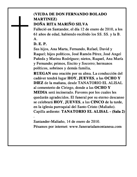 DOÑA RITA MARIÑO SILVA