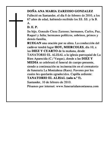 DOÑA ANA MARIA ZARZOSO GONZALEZ