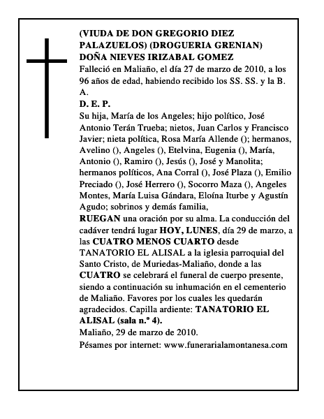 DOÑA NIEVES IRIZABAL GOMEZ