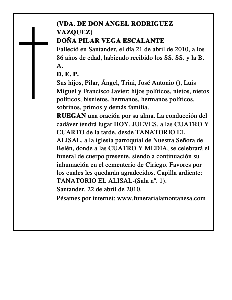 DOÑA PILAR VEGA ESCALANTE