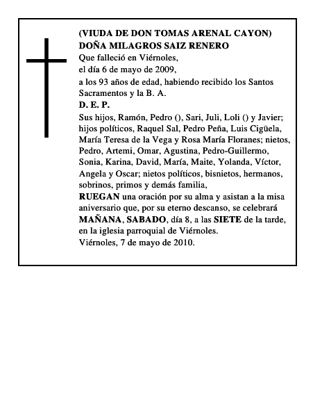 DOÑA MILAGROS SAIZ RENERO