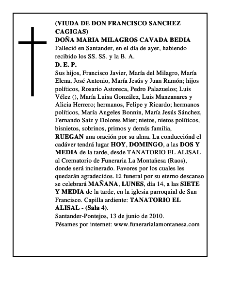 DOÑA MARIA MILAGROS CAVADA BEDIA