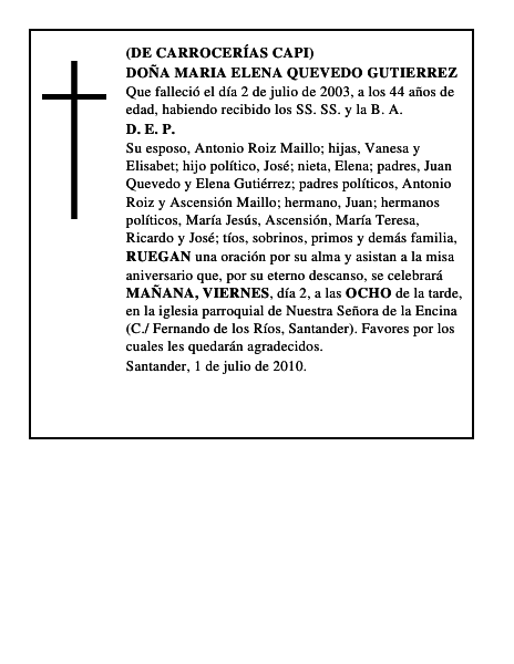 DOÑA MARIA ELENA QUEVEDO GUTIERREZ