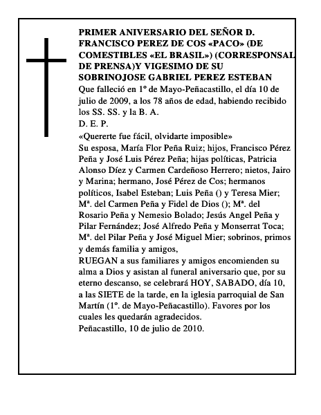 PRIMER ANIVERSARIO DEL SEÑOR D. FRANCISCO PEREZ DE COS PACO (DE COMESTIBLES