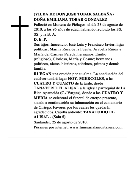 DOÑA EMILIANA TOBAR GONZALEZ