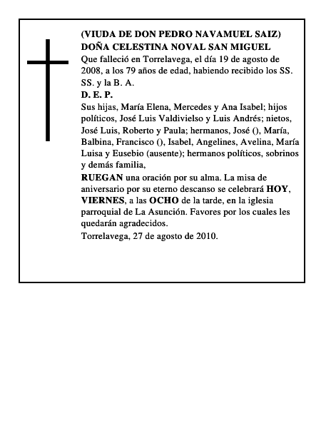 DOÑA CELESTINA NOVAL SAN MIGUEL