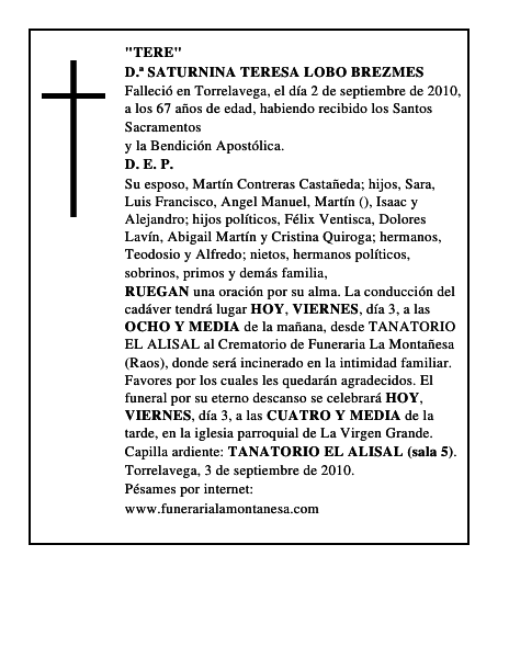 D.ª SATURNINA TERESA LOBO BREZMES