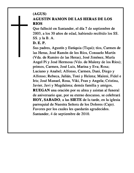 AGUSTIN RAMON DE LAS HERAS DE LOS RIOS