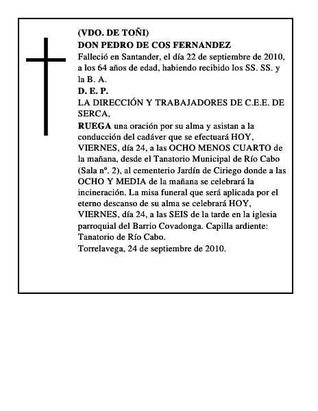 DON PEDRO DE COS FERNANDEZ