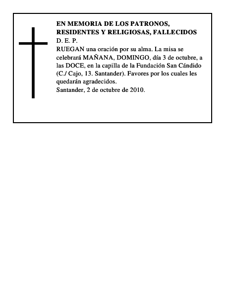EN MEMORIA DE LOS PATRONOS, RESIDENTES Y RELIGIOSAS, FALLECIDOS