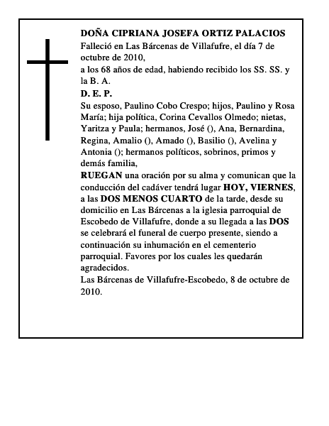 DOÑA CIPRIANA JOSEFA ORTIZ PALACIOS