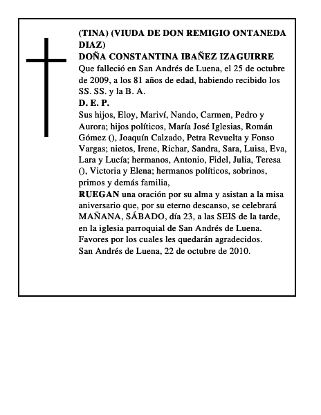 DOÑA CONSTANTINA IBAÑEZ IZAGUIRRE