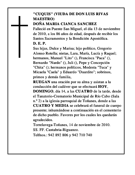 DOÑA MARIA CIANCA SANCHEZ