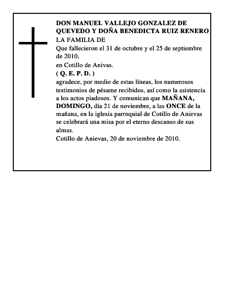 DON MANUEL VALLEJO GONZALEZ DE QUEVEDO Y DOÑA BENEDICTA RUIZ RENERO