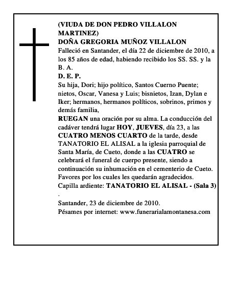 DOÑA GREGORIA MUÑOZ VILLALON