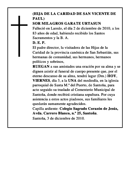 SOR MILAGROS GARATE URTASUN
