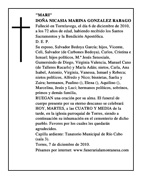 DOÑA NICASIA MARINA GONZALEZ RABAGO
