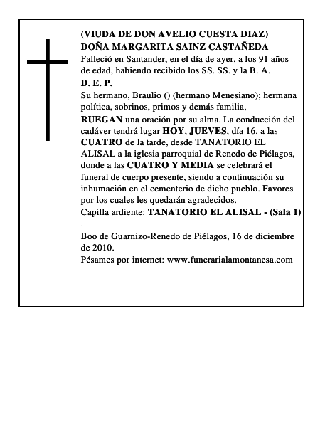 DOÑA MARGARITA SAINZ CASTAÑEDA