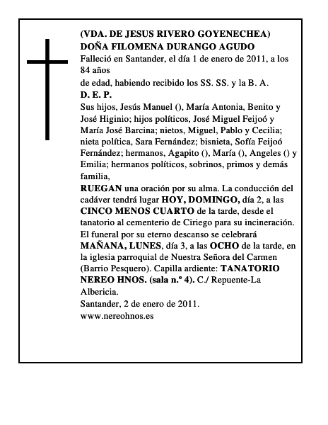 DOÑA FILOMENA DURANGO AGUDO