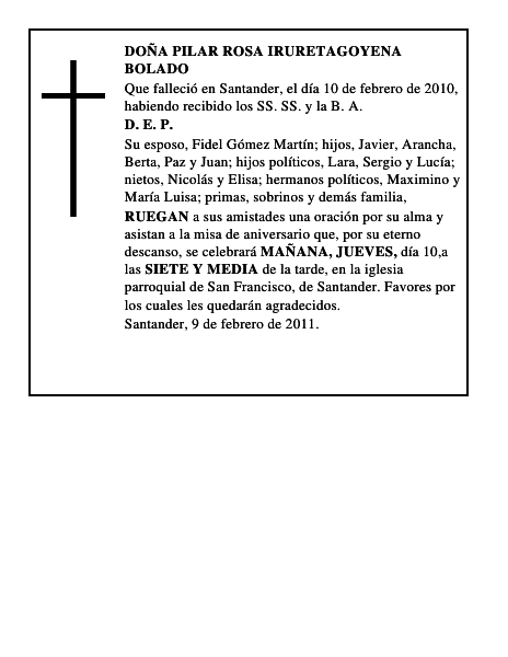 DOÑA PILAR ROSA IRURETAGOYENA BOLADO