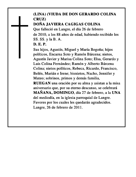 DOÑA JAVIERA CAGIGAS COLINA