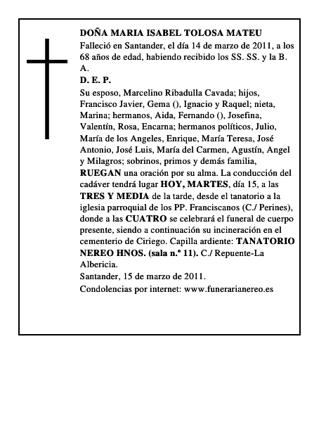 DOÑA MARIA ISABEL TOLOSA MATEU