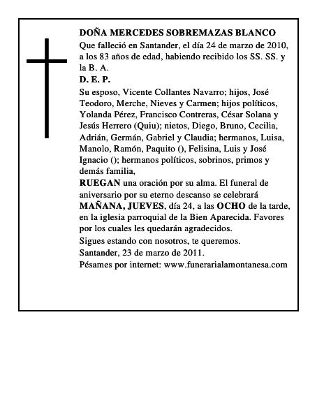 DOÑA MERCEDES SOBREMAZAS BLANCO