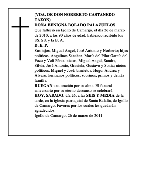 DOÑA BENIGNA BOLADO PALAZUELOS