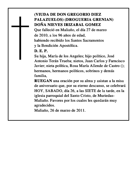 DOÑA NIEVES IRIZABAL GOMEZ