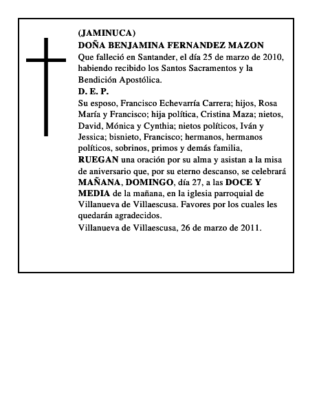 DOÑA BENJAMINA FERNANDEZ MAZON