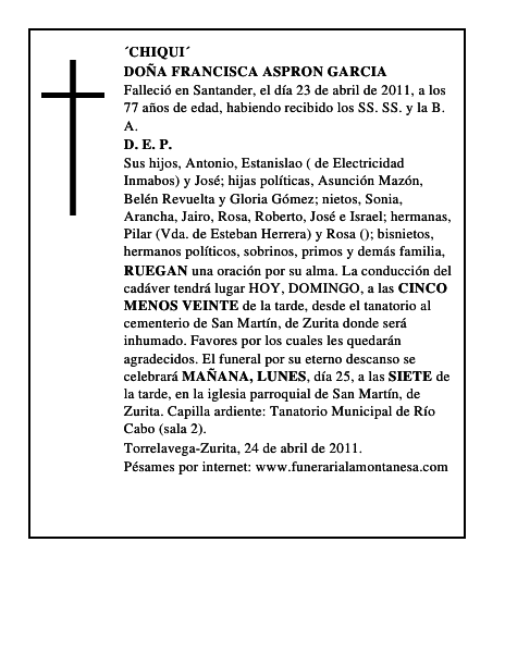 DOÑA FRANCISCA ASPRON GARCIA