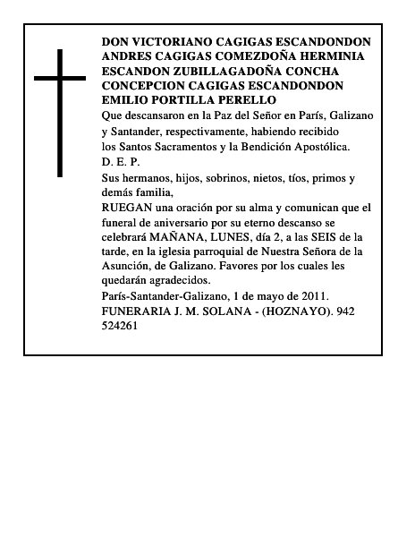 DON VICTORIANO CAGIGAS ESCANDONDON ANDRES CAGIGAS COMEZDOÑA HERMINIA ESCANDON ZUBILLAGADOÑA CONCHA CONCEPCION CAGIGAS ESCANDONDON EMILIO PORTILLA PERELLO