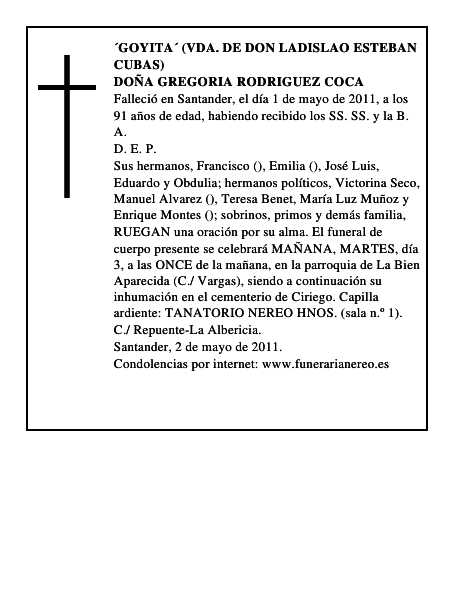 DOÑA GREGORIA RODRIGUEZ COCA