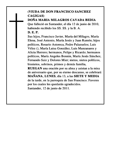 DOÑA MARIA MILAGROS CAVADA BEDIA