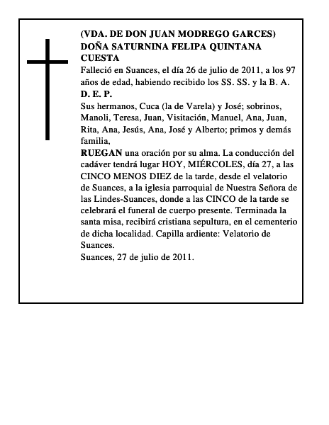 DOÑA SATURNINA FELIPA QUINTANA CUESTA