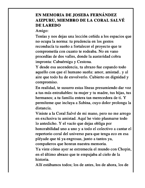 En memoria de Joseba Fernández Aizpuru, miembro de la Coral Salvé de Laredo