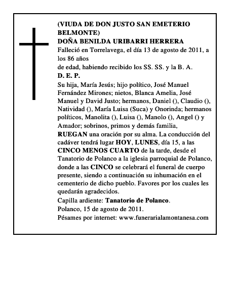 DOÑA BENILDA URIBARRI HERRERA