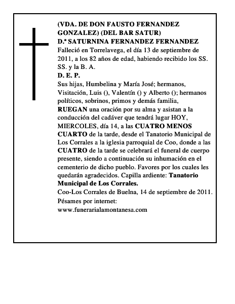 D.ª SATURNINA FERNANDEZ FERNANDEZ