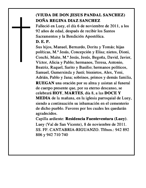 DOÑA REGINA DIAZ SANCHEZ