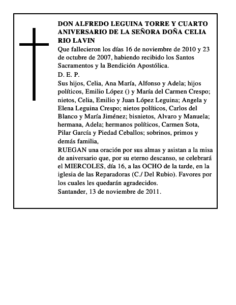 DON ALFREDO LEGUINA TORRE Y CUARTO ANIVERSARIO DE LA SEÑORA DOÑA CELIA RIO LAVIN