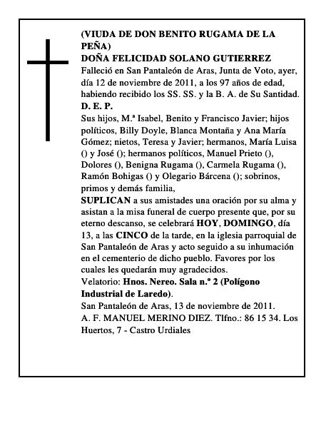 DOÑA FELICIDAD SOLANO GUTIERREZ